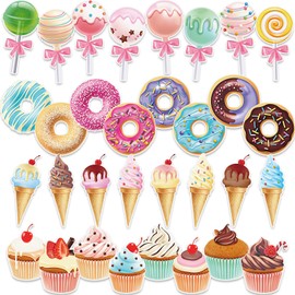 Sepamoon 64 Pcs Candy Party Decorations Includes Ice Cream Donuts, Round Lollipop and Cupcakes Cutouts Party Decorations with Glue Point Dots for Home Room Decor