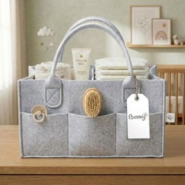 Bolsa Organizadora para Pañales de Bebé 18x33x23cm, Cesta Organizadora de Fieltro con 8 Bolsillos Externos y 3 Compartimentos, Canasta Organizadora para Pañales, Toallitas y Accesorios de Bebé