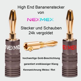 NEXMEX Banana Plug 4 mm - 6 Pieces Ultimate Plugs as a Set - Connector 24K Gold-Plated for Speaker Cable - HiFi Speaker Connection