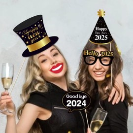 Kristin Paradise 25Pcs New Years Eve Photo Booth Props with Stick, 2025 NYE Theme Selfie Props, NY Party Supplies, Photography Backdrop Decorations Kit