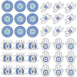 CREATCABIN 36Pcs Blue Evil Eye Rhinestone Iron on Decal Bling Lotus Hamsa Hand Iron on Transfers Patches Decals Hot fix Appliques Heat Transfer Glitter for T-Shirt Bags Clothes Letters Hats 3.9Inch