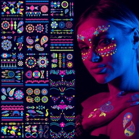 24 Sheets Neon Face Paints Glow in Dark, Fluorescent Tattoo Glow in The Dark Stickers, 180 Individual Patterns UV Neon Party Accessories for Women, A