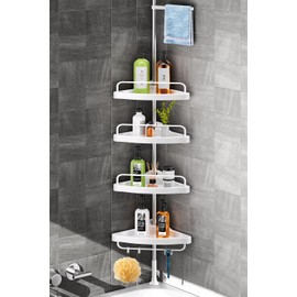 HAMITOR Corner Shower Caddy Tension Pole: Adjustable Stainless Steel Shower Organizer with 4 Tier Shelf for Bathroom Bathtub Tub Shampoo - Floor Standing Rack Bath Storage Holder with Rust Proof Rods