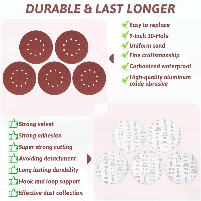 50 Pcs 9-Inch 10-Hole Drywall Sanding Discs Set, 10 Each