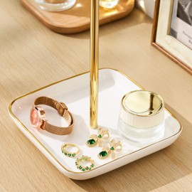 pickpiff Necklace Holder Stand with Ceramic Base: 12" Jewelry Tree Display Organizer for Necklaces, Bracelets, Rings, Earrings, Tall Gold Stand for Women, Aesthetic Room Décor