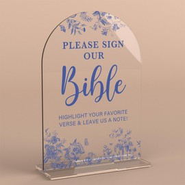 Acrylic Wedding Signs, Dusty Blue Wedding Decor, Blue Weddings Decor, Modern Calligraphy Arch Acrylic Table Top Sign for Weddings Parties Dinners - Please Sign Our Bible (Clear)