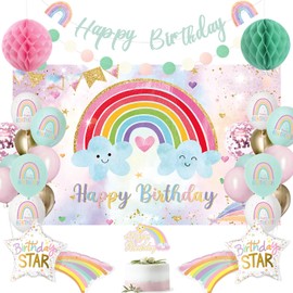 Geburtstagsdeko mädchen, Kindergeburtstag Deko Geburtstag Mädchen, Regenbogen Party Deko Geburtstag, Birthday Decorations, 150*100CM Kulisse, Stern Luftballons, Seidenpapier Pompons, Punkte Girlande