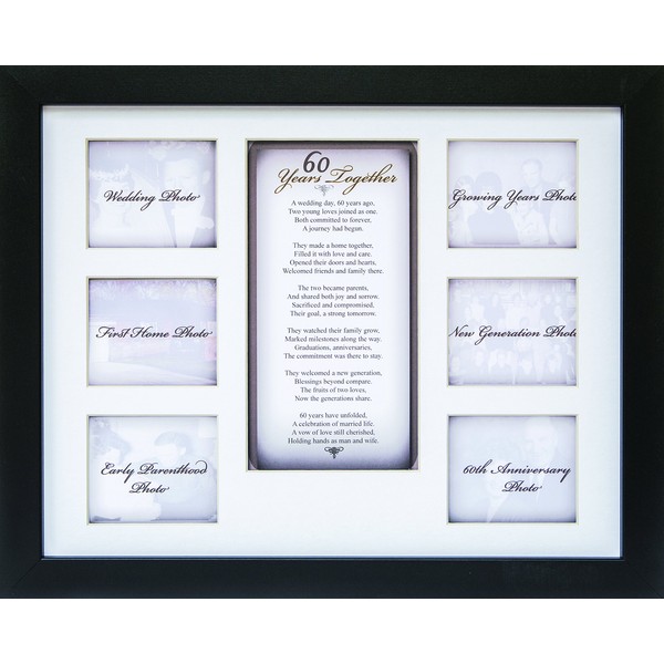 60th Anniversary Collage Picture Frame - 11”x14” Photo Wall Frame with 6 (3” x 2.75”) Openings and a Beautiful Poem Displayed in Center - “60 Years Together”