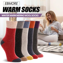 Women Merino Wool Socks Winter Warm Thermal Thick Hiking Cozy Comfy Crew Socks Stocking Stuffers Gifts for Womens 5 Pairs(Colorful)