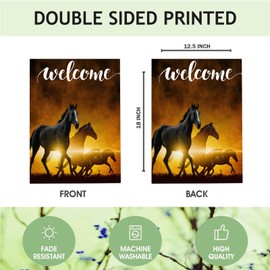 Mugod Running Horse Garden Flag 12.5x18 Inch Double Sided Outside, Red Glowing Clouds Beautiful Sunset Black Horses Seasonal Farmhouse Yard Outdoor Flag