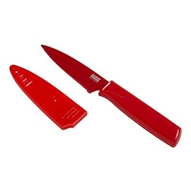 Kuhn Rikon COLORI Non-Stick Serrated Paring Knife with Safety Sheath, 4 inch/10.16 cm Blade, Red