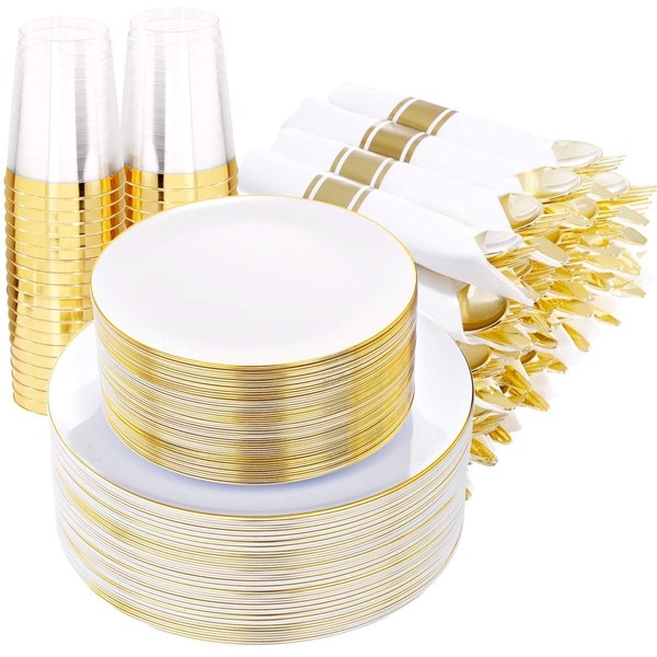 supernal 350pcs Gold Plastic Dinnerware, Gold plastic Plates,Pre Rolled Gold Plastic Silverware, Gold and White Plastic Plates for 50 Guests Suit for Party, Birthday Thanksgiving, Christmas
