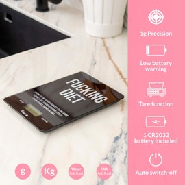 FISURA - Digital Kitchen Scales "f*cking diet". Original Electronic Scales 5kg/11lbs. Multifunctional Food Scales. Glass and ABS. 15 x 22 cm
