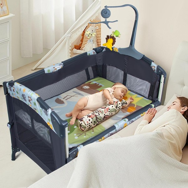 5-in-1 Baby Bassinet Bedside Crib, Pack and Play Long Next to Bed Crib Co Sleeper with Toys & Music Box, Mattress, Foldable Playard, Playpen Travel Bed Nursery Center for Girl Boy Infant Newborn