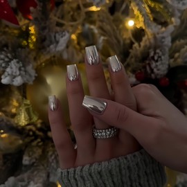 White Silver Chrome Square Press on Nails Short,SXVME Metallic Fake Nails Acrylic Press ons,Mirror Metal Chrome Nails Glue on Nails Short Coffin Nails False Nail with Design in 24 PCS