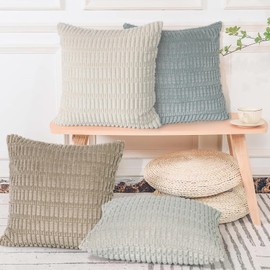 UXORSN Pack of 4 Decorative Throw Pillow Covers 18x18 Inch Soft Plush Corduroy Striped Square Pillowcases Blue Beige Coffee Gray Fluffy Cushion Cases Boho Decor for Farmhouse Living Room Bed Sofa
