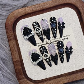 TENPAL Handmade Long Stiletto Press on Nails Y2k Purple Black Nails Spicy Style with Rhinestones Bowknots and Steel Balls Reusable Glue on Nails Artificial Gel Stick on Nails for Sweet Cool Girls(M)
