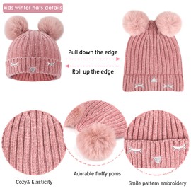 Bequemer Laden Kids Boys Girls Winter Warm Pom Pom Knit Beanie Hat Neck Warmer Scarf and Touchscreen Gloves Set with Fleece Lined for 3-10 Years Old, Pink, One Size