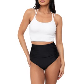 Coral Reef Swim Tankini Swimsuits for Women – White Double Strap Tankini Top & Black High Rise Ruched Swim Bottoms Set - M