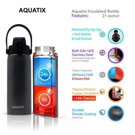 Aquatix Double Wall Insulated 21 Ounce Black Bottle with Silicon Shock Scratch and Dent Resistant Boot (Black)