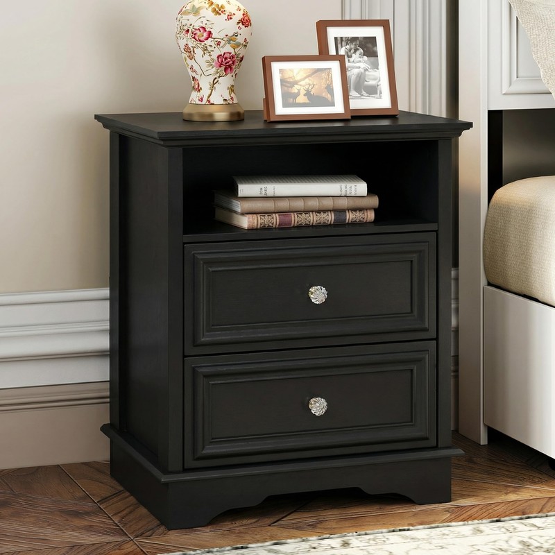 XIAO WEI Black Tall Nightstand with Hidden Drawer, 2 Drawers
