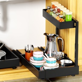 Maywise 2 Tier Expandable Under Kitchen Sink Organizer, Adhesive Under Bathroom Organizer, Heights Adjustable Pull Out Storage for Kitchen Laundry (Black, 16.3D x 12.2"-20.5" W x 14.4"-18.5" H)