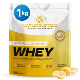 Natureletics NATURELETICS Banane 1kg - Natürliches Premium Whey Protein aus Deutschland ohne Zusatz von Zucker, Süßstoffe, Aspartam & Sucralose - kohlenhydratarm – 22,6 % BCAA – reines Eiweißpulver