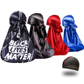 4 piezas sedosas Durags para hombres 360 ondas, diseño de trapo, premio 1 gorra de onda, Negro, Medium