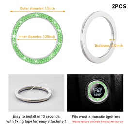 Kewucn 2 PCS Bling Crystal Double Rhinestone Car Engine Start Decoration Ring, Sparkling Push Start Button Sticker, Key Ignition & Knob Ring Decoration, Bling Car Interior Accessory(Light Green)