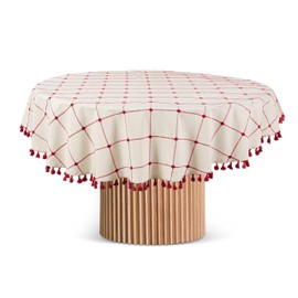 COTTONIVA Tablecloth - 100% Cotton, 140 cm Round, Soft, Durable and Easy Care - Perfect for Family Dinners, Festivals and Everyday Use - High-Quality Cotton Tablecloth Cream Red