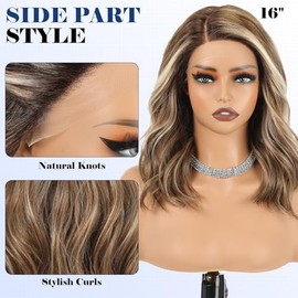 HAIRCUBE Peluca sintética con encaje frontal, sin pegamento, con raya lateral para mujer, 40 cm de largo hasta los hombros, estilo ondulado para uso d