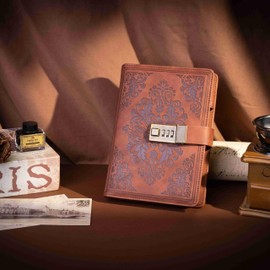 CAGIE Diary with Lock for Women Men 224 Pages Vintage Leather Journal with Lock Refillable Personal Secret Locking Journal with Gift Box, 5.3'' x 7.8'' (Brown)
