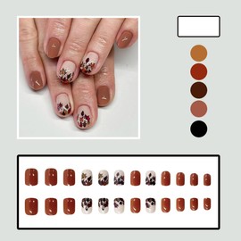 24Pcs Fall Short Square French Tip Press on Nails with Leaves Design Short Square Fake Nails Autumn Maple Leaf Acrylic Nails Ginkgo Leaf False Nails for Women Thanksgiving Nails Decoration Supplies