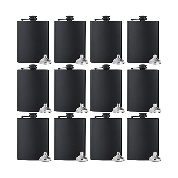 Set of 12 Hip Flask 8OZ for Liquor Black Stainless Steel with 12 pcs Funnel for Gift, Camping, Wedding Party