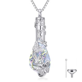 JKR Butterfly Urn Necklace for Ashes for Women Sterling Silver Crystal Teardrop Cremation Jewelry Memorial with Funnel Filler for Mom Wife Daughter Her