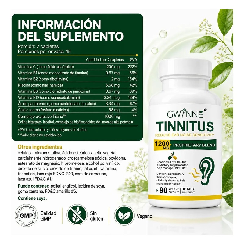 Gwynne Alivio Del Zumbido En Los Oídos 1200mg Suplemento Con