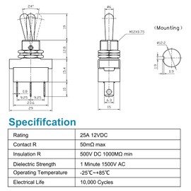 Heschen Toggle Switch, KN3D-103, On/Off/On (On/Off/On) Switch, 25A 12V, 3-Pin Locking with Waterproof (10)