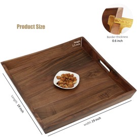 MAGIGO 19 x 19 Inches Large Square Curved Black Walnut Wood Ottoman Tray with Handles, Serve Tea, Coffee Classic Wooden Decorative Serving Tray