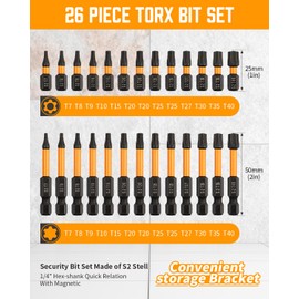 Rocaris 46 Pcs Screwdriver Bit Sets, 26 Pcs Torx Bit Set T7-T40 with 20 Pcs Allen Wrench Drill Bit Set Metric & SAE, 1/4” Hex-Shank S2 Steel Hex Bits Set, 1” & 2” Long