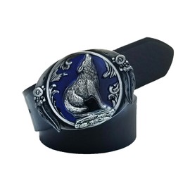 QUKE American Western Cowboy Arizona aullando hoja de lobo caza hebilla de cinturón plateado esmalte azul