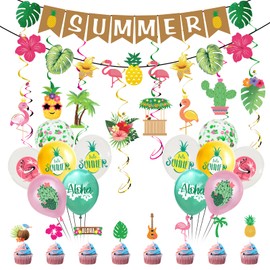 Hawaiian Tropical Party Decorations Hanging Swirl Summer Decoration Hawaiian Bunting Banners Balloons Summer Holiday Beach Themed Party Decorations for Aloha Garden Beach Summer Tropical Decor
