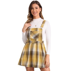 Allegra K Women's Checks Adjustable Strap Pinafore Overall Dress Suspender Skirt Yellow M