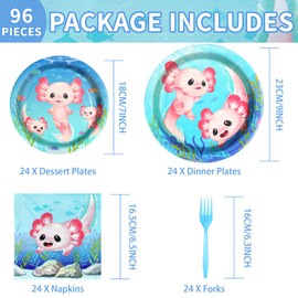 Grencian 96Pcs Axolotl Birthday Party Decorations Pink Cartoon Axolotl Party Plates Disposable 350GSM Reptile Animals Axolotl Paper Tableware Set for Kids Girls Birthday Baby Shower, Serves 24