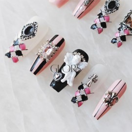 [GLORS] Purly Handmade Long Ballerina Press on Nails | Chessboard - Wearable Coffin Fake False Nail Art with Angle and Chrome Heart | Salon Quality in Long Coffin Nail (XS, LC)