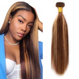 CYIKLI Highlight Bundles Human Hair P4/27 Human Hair Bundles 24 Inch Honey Blonde Human Hair Bundles Colored 1 Bundle Straight Ombre Human Hair Bundle Double Weft Human Hair Extensions For Black Women