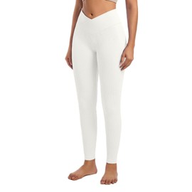 YOAKUKA Yoga Ribbed Leggings for Women High Waisted Tummy Control Seamless Butt Lifting Crossover Workout Gym Athletic Pants Beige