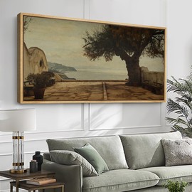 SIGNFORD Extra Large Framed Canvas Print Wall Art Vintage Seaside Courtyard with Tree and Benches Illustrations Modern Art Calm Warm for Living Room, Bedroom, Office - 60"x30"