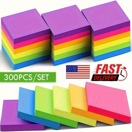 300PCS Vibrant Fluorescent Sticky Notes Memo Pads for School/Office Must-Have US