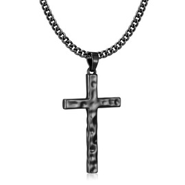 VULETO Cross Necklace for Men Boys, Black Hammered Cross Pendant Cuban Link Chain Unique Crucifix Necklace Christmas Christian Religious Baptism Easter Jewelry Gifts for Teen Teenage Son Him Male Age 8-12 Stocking Stuffers