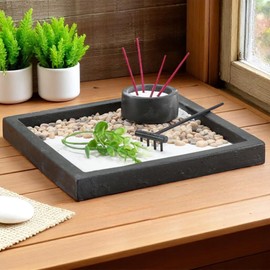 MIJOMA Zen Garden Set - Miniature Table Garden with Incense Stick Holder & Rake - 7-Piece Cement Meditation Set - Japanese Mini Sand Garden 20 x 20 cm for Mindfulness & Decoration
